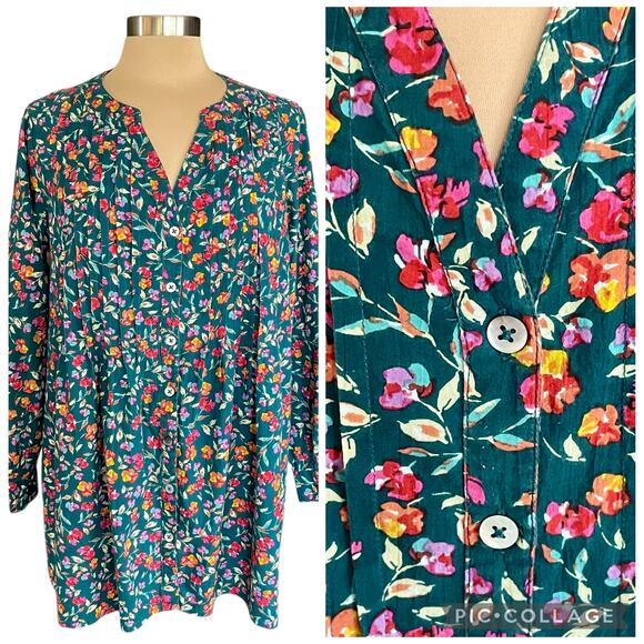 Roaman's Womens Dark Dainty Floral Button Up Tunic Sz 14W Roll Tab Sleeve Pleats - Picture 9 of 10